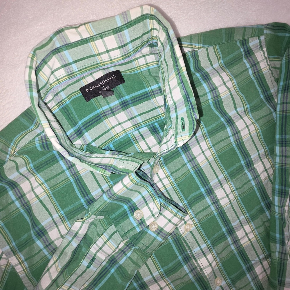 Banana Republic Mens Soft Wash Plaid Button Down Shirt Green Blue Large L Cotton